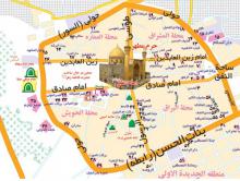 نقشه جدید شهر نجف که در آن موقعیت اماکن زیارتی، هتل ها، مراکز ستادی و درمانگاهها و ... مشخص شده است.